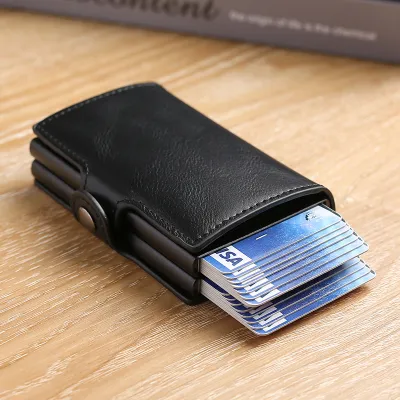 RFID Automatic Pop-Up Leather Card Holder | Double-Layer Aluminum Alloy Card Wallet
